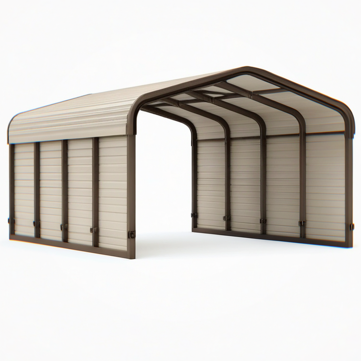 Abri de voiture 600 x 300 x 250 cm acier brun panneaux beige structure arquée extérieure