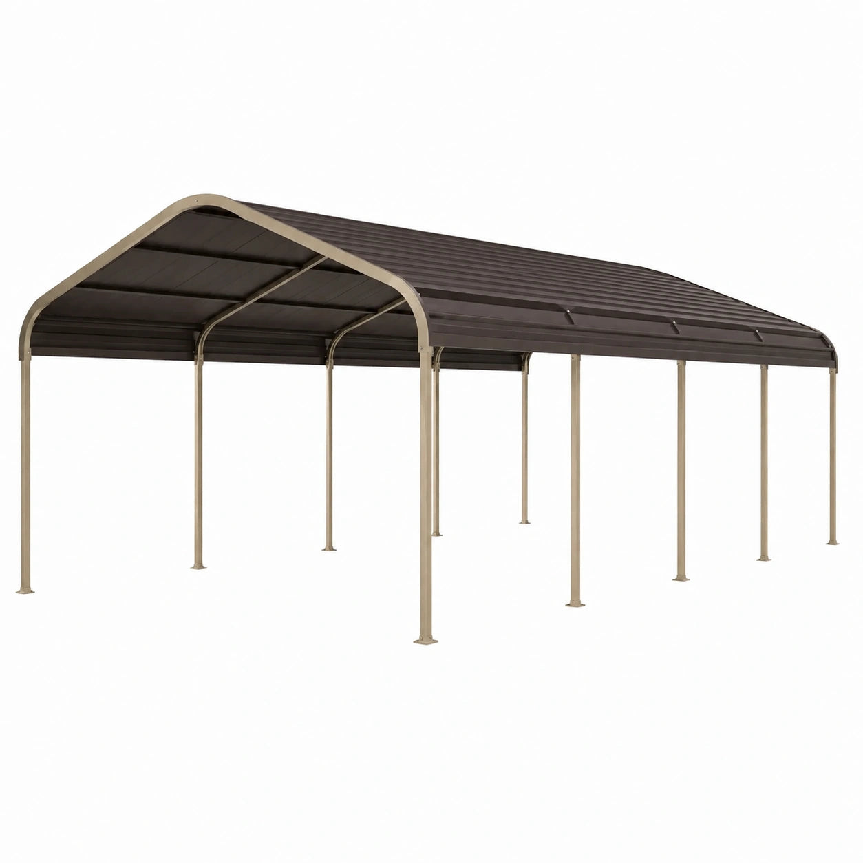 Abri voiture 600 x 300 x 270 cm acier beige et marron foncé toit incurvé extérieur