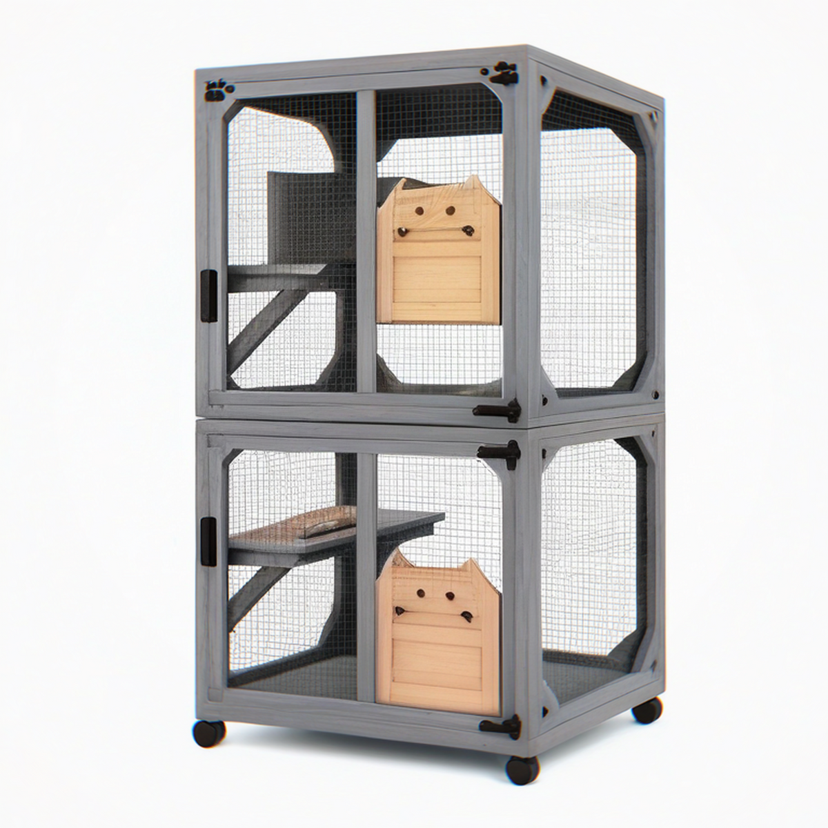 Enclos pour chat 90 x 60 x 180 cm en bois gris et maille métallique à deux niveaux sur roulettes