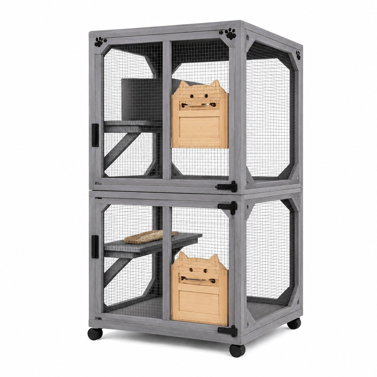 Enclos pour chat 90 x 60 x 180 cm en bois gris et maille métallique à deux niveaux sur roulettes