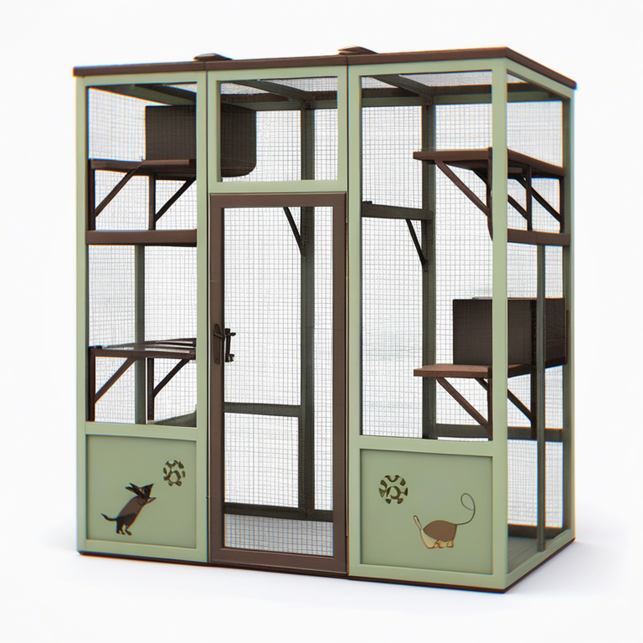 Enclos extérieur pour chat 180 x 90 x 180 cm en bois et grillage vert brun avec plateformes