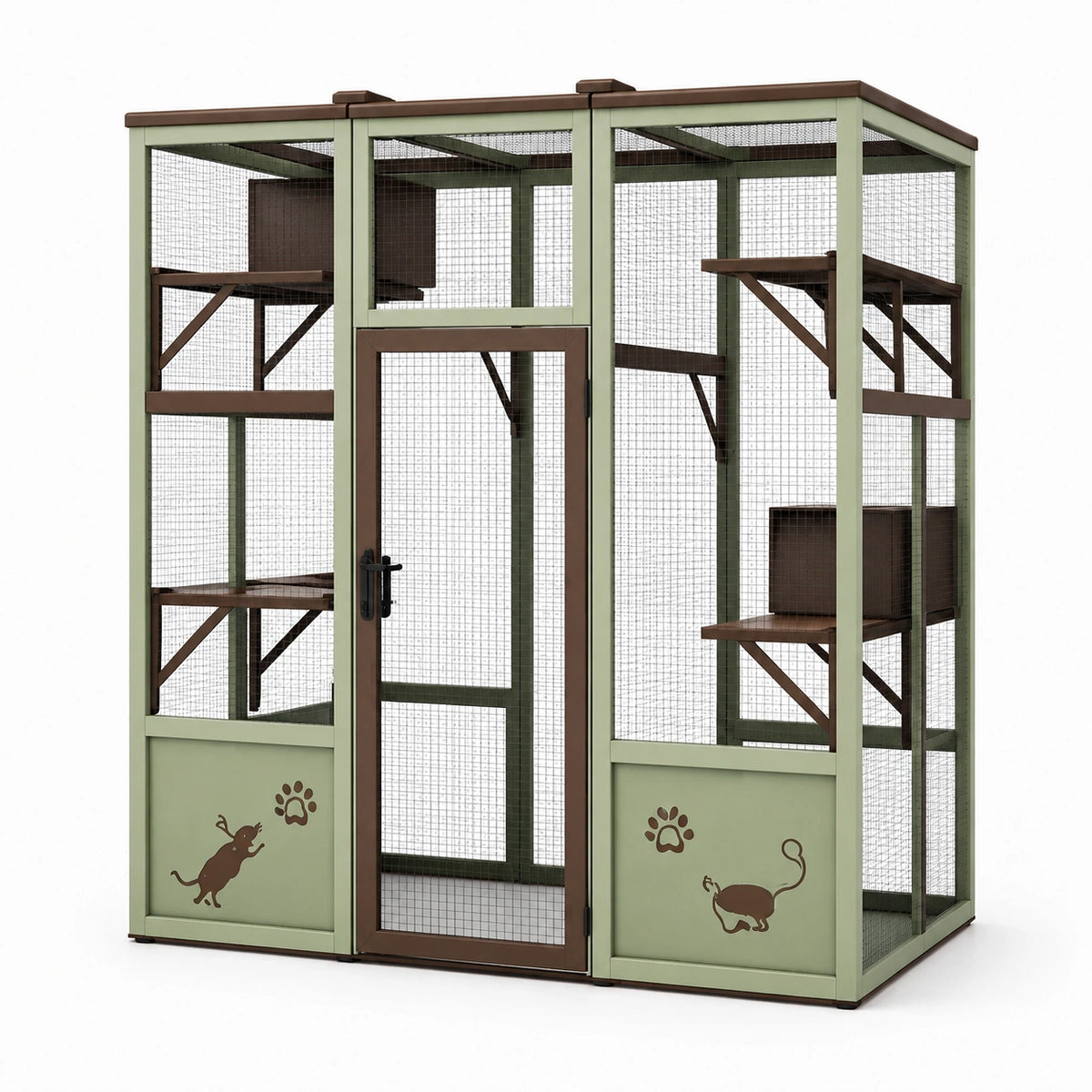 Enclos extérieur pour chat 180 x 90 x 180 cm en bois et grillage vert brun avec plateformes