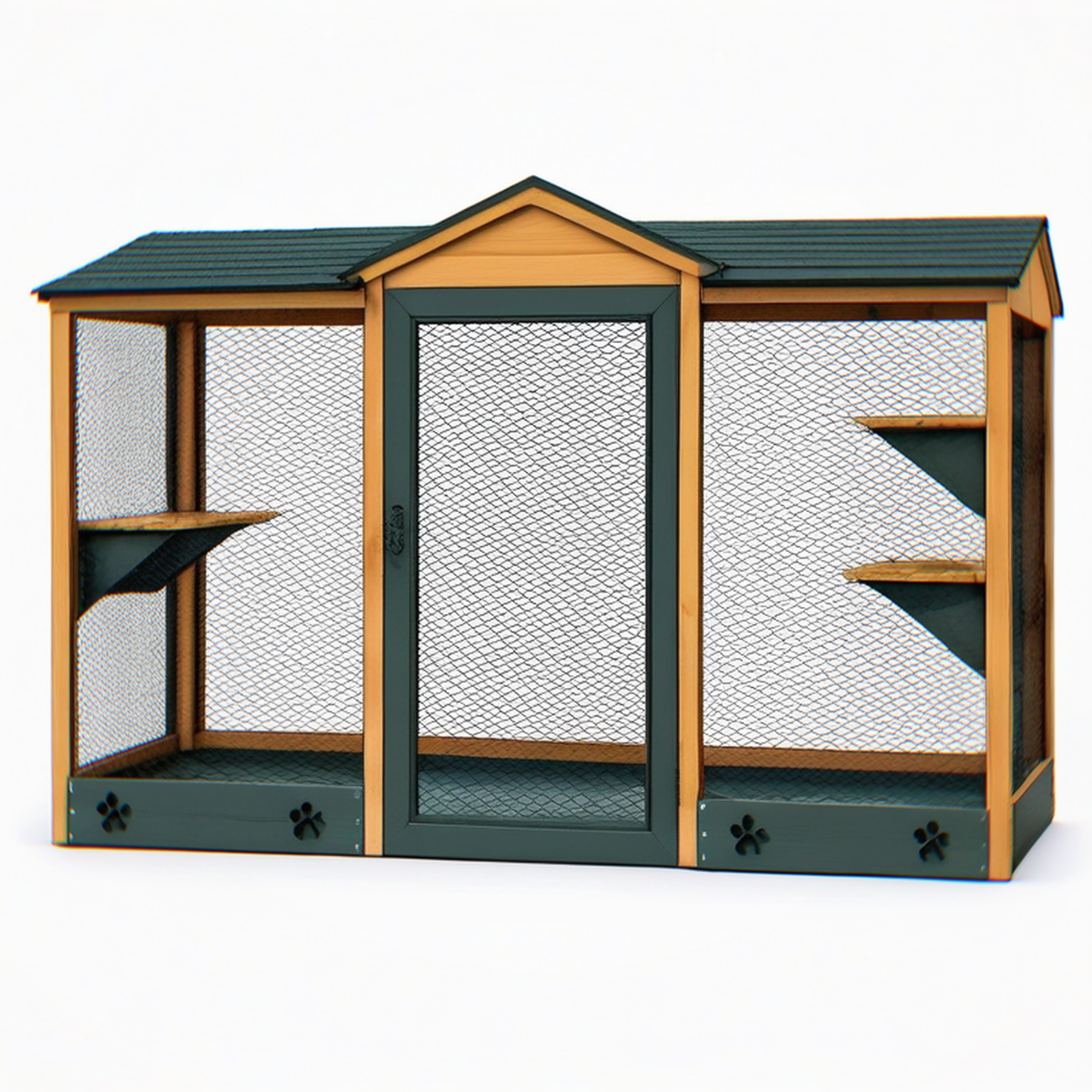 Enclos extérieur pour chat 240 x 120 x 180 cm en bois et métal vert foncé avec toit abrité