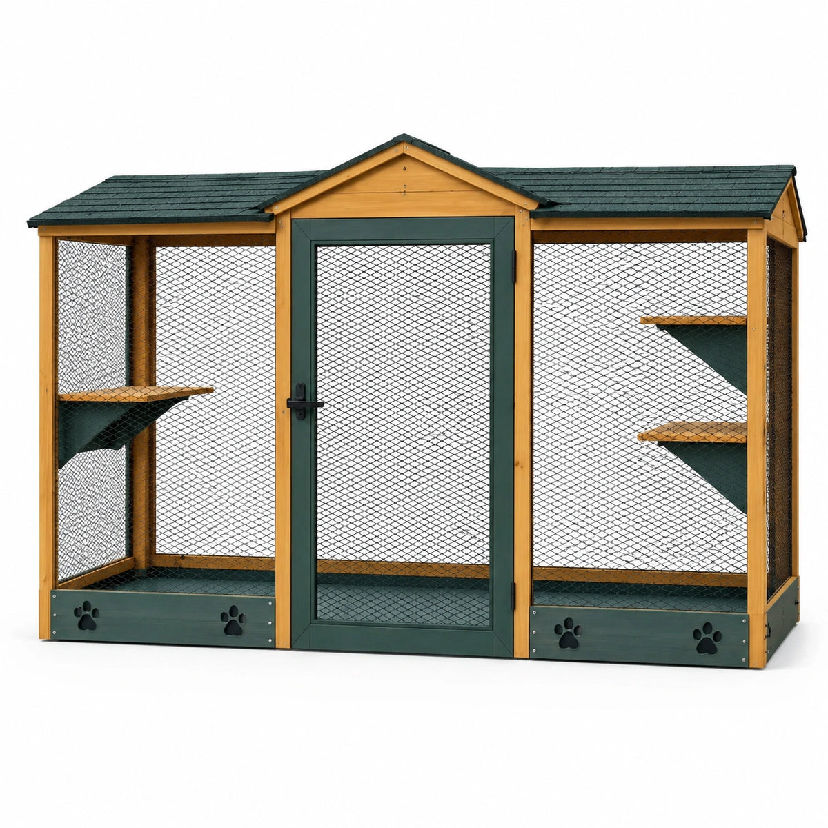 Enclos extérieur pour chat 240 x 120 x 180 cm en bois et métal vert foncé avec toit abrité