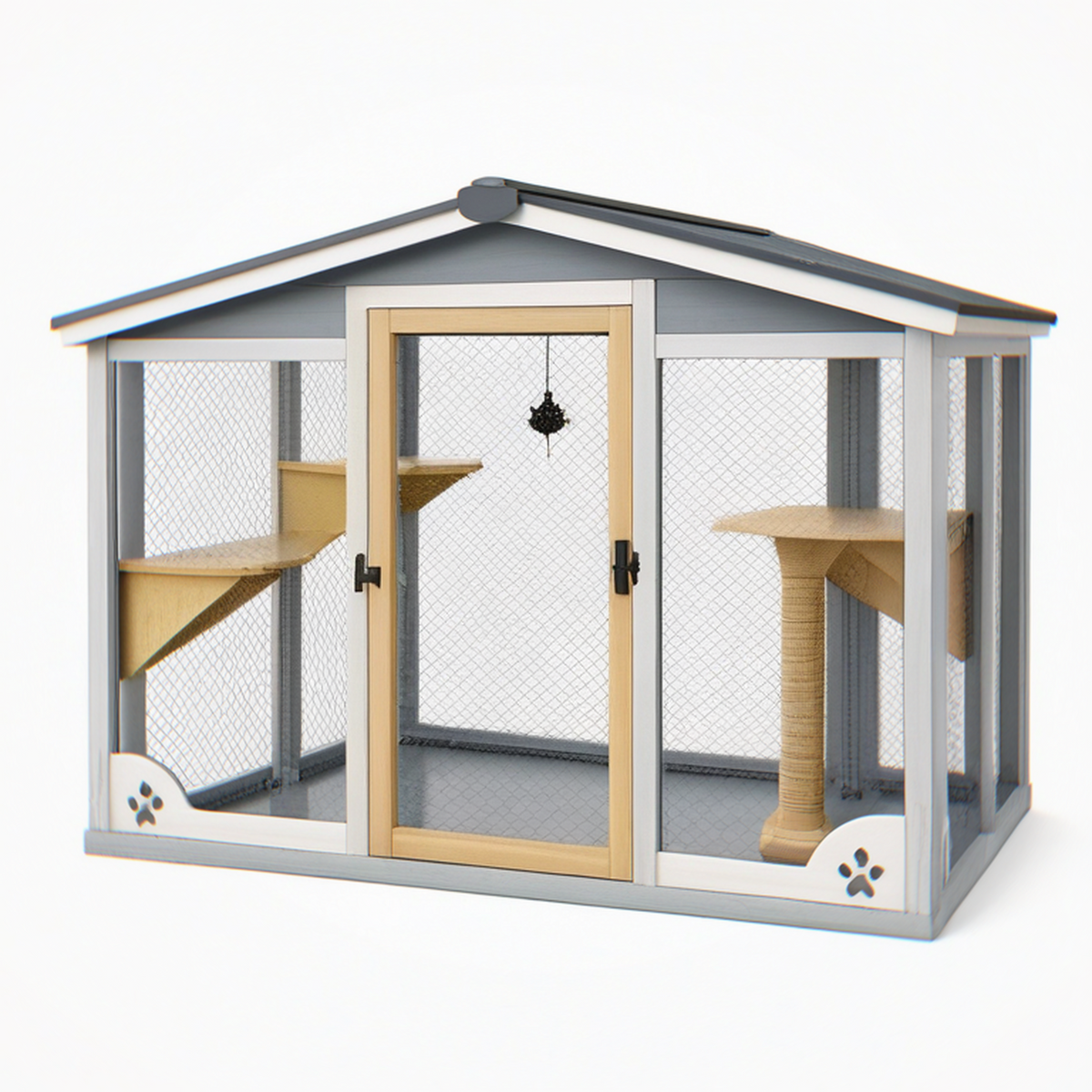 Enclos extérieur pour chat 180 x 120 x 180 cm en bois gris et naturel avec grillage et plateformes