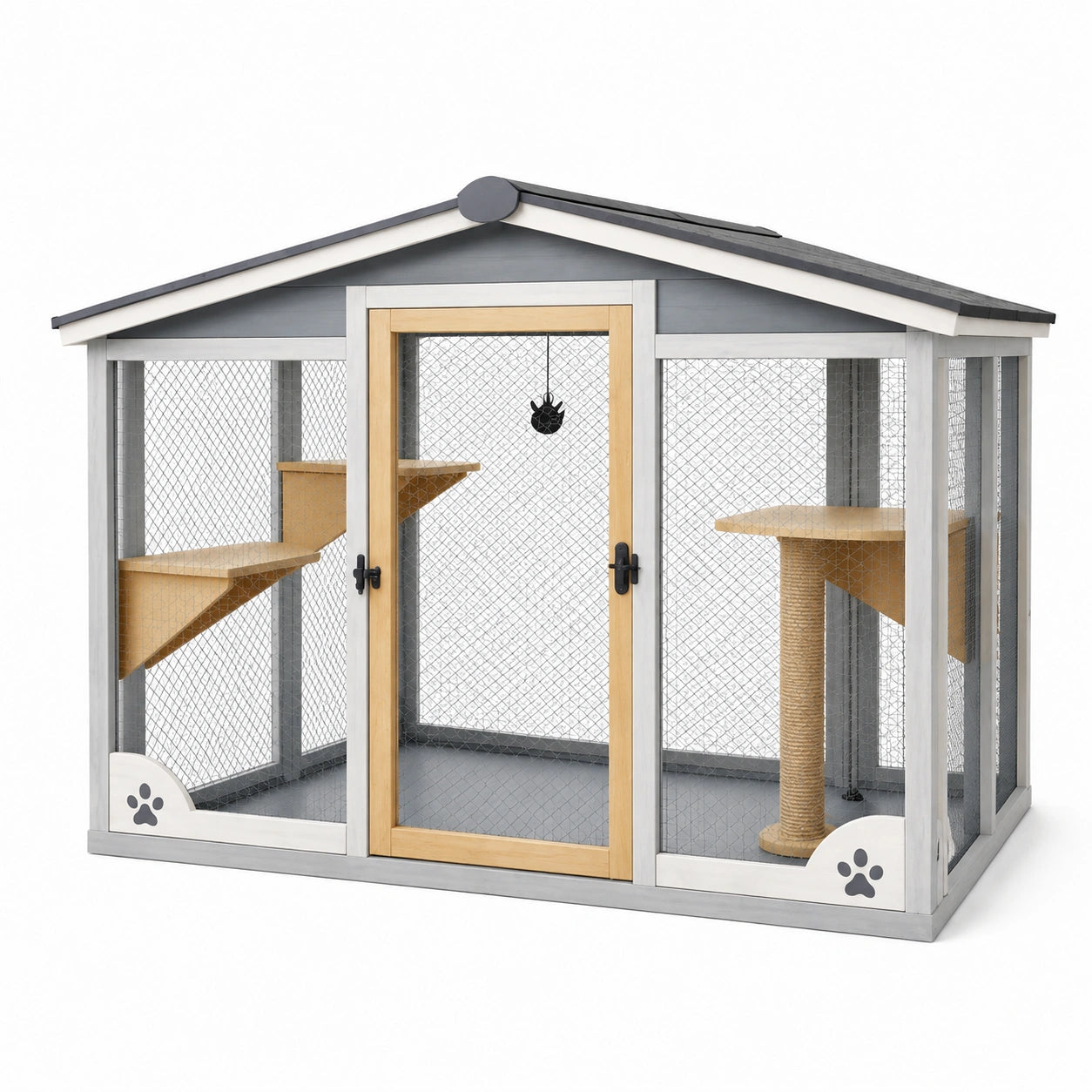 Enclos extérieur pour chat 180 x 120 x 180 cm en bois gris et naturel avec grillage et plateformes