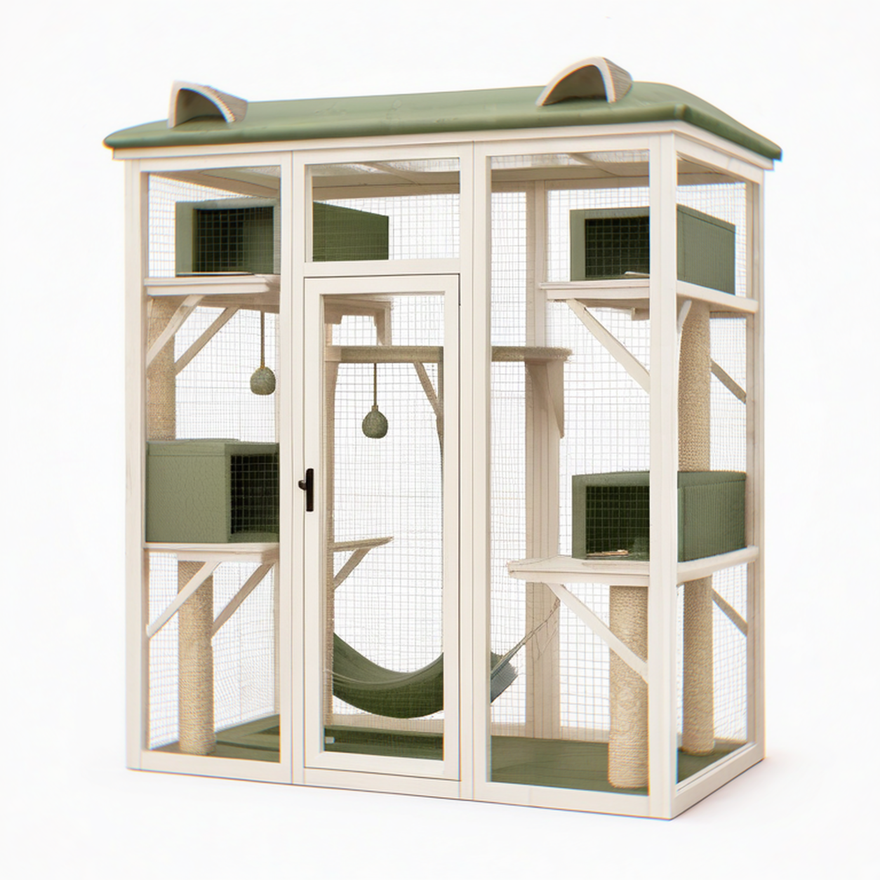 Enclos pour chat 120 x 80 x 180 cm en bois beige et vert avec plateformes griffoirs et hamac
