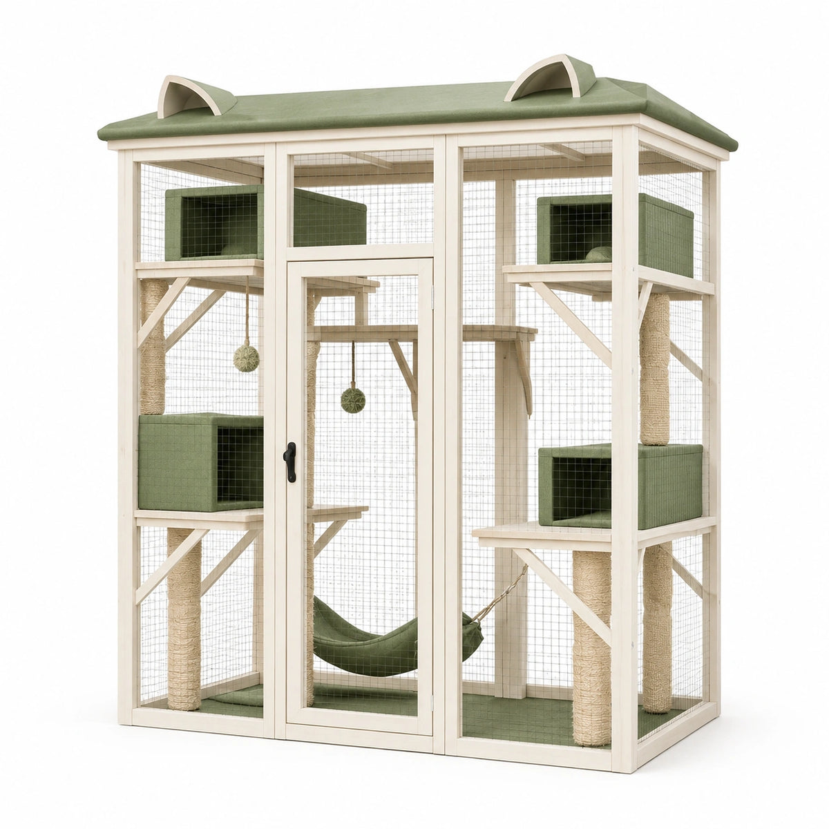 Enclos pour chat 120 x 80 x 180 cm en bois beige et vert avec plateformes griffoirs et hamac