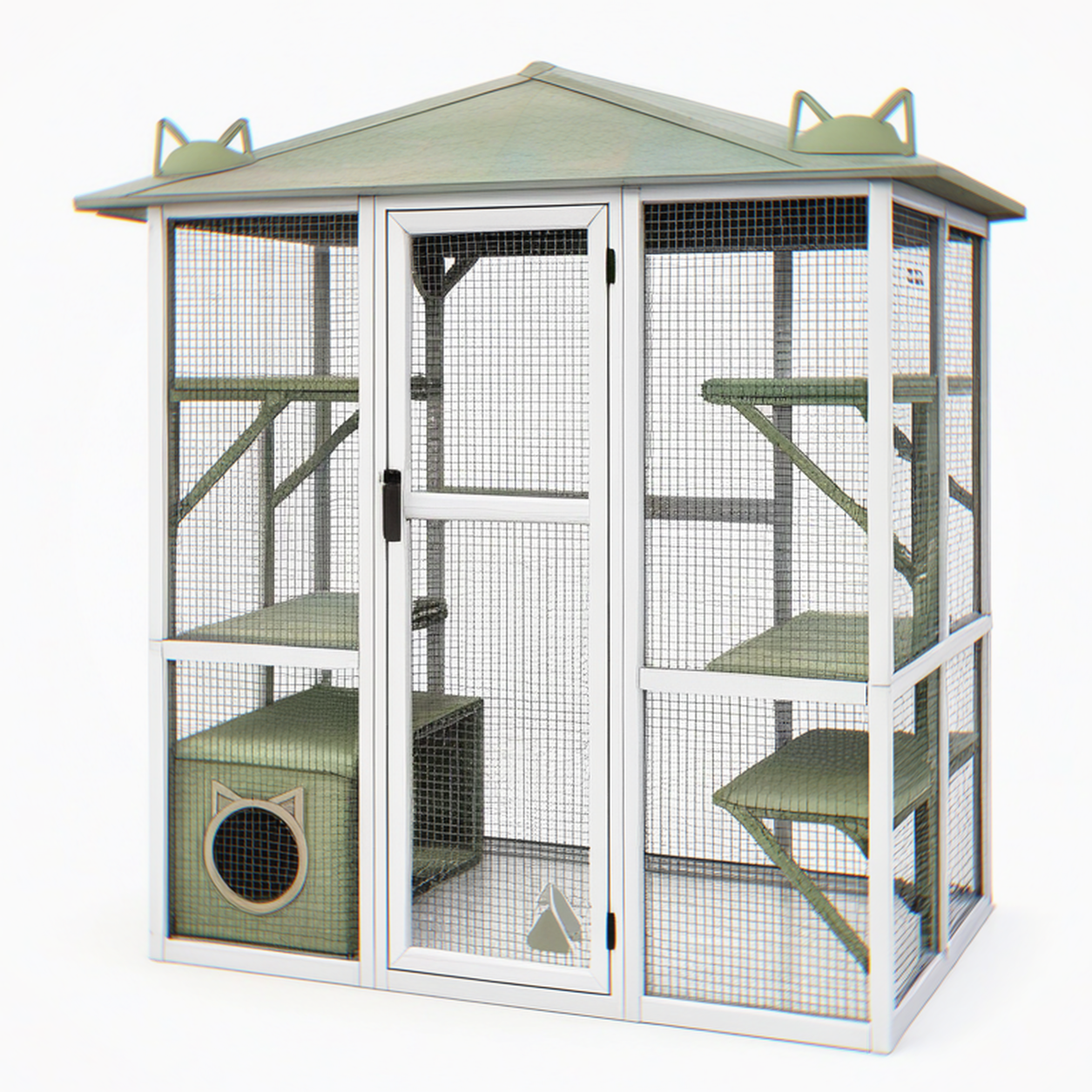 Enclos pour chat 180 x 90 x 180 cm en bois et métal vert avec toit et plateformes