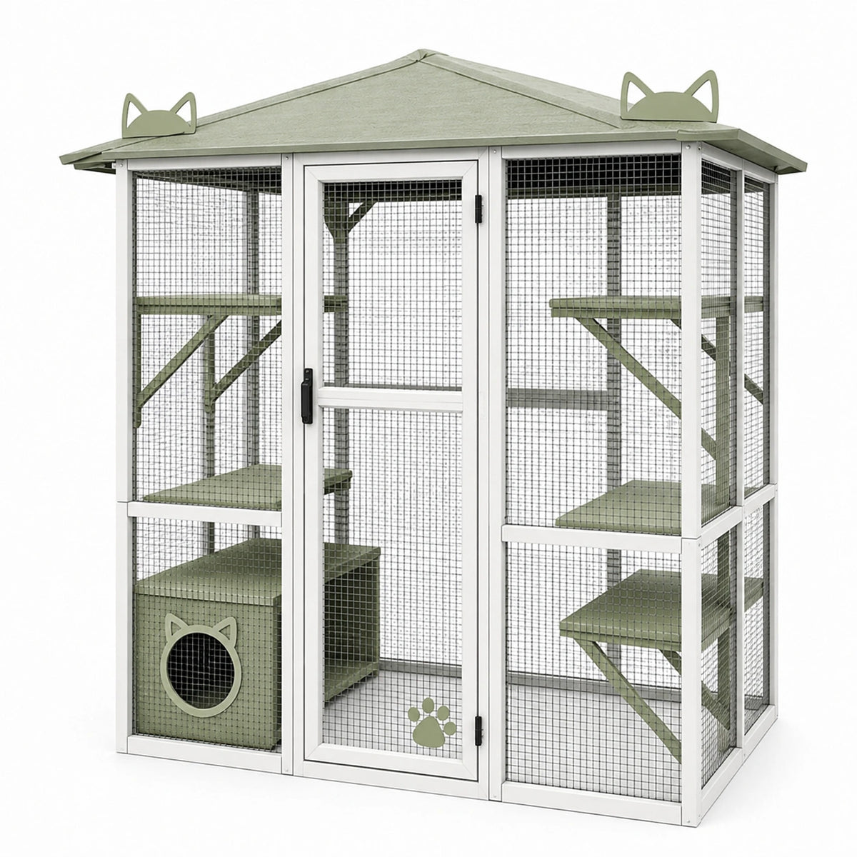Enclos pour chat 180 x 90 x 180 cm en bois et métal vert avec toit et plateformes