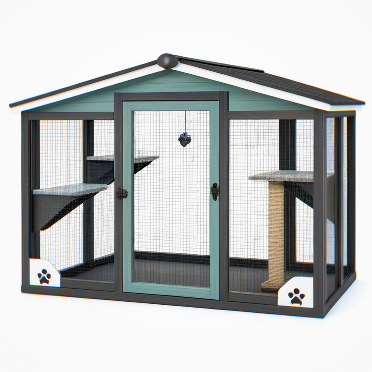 Enclos extérieur pour chat 180 x 90 x 180 cm en bois vert noir avec toit et plateformes