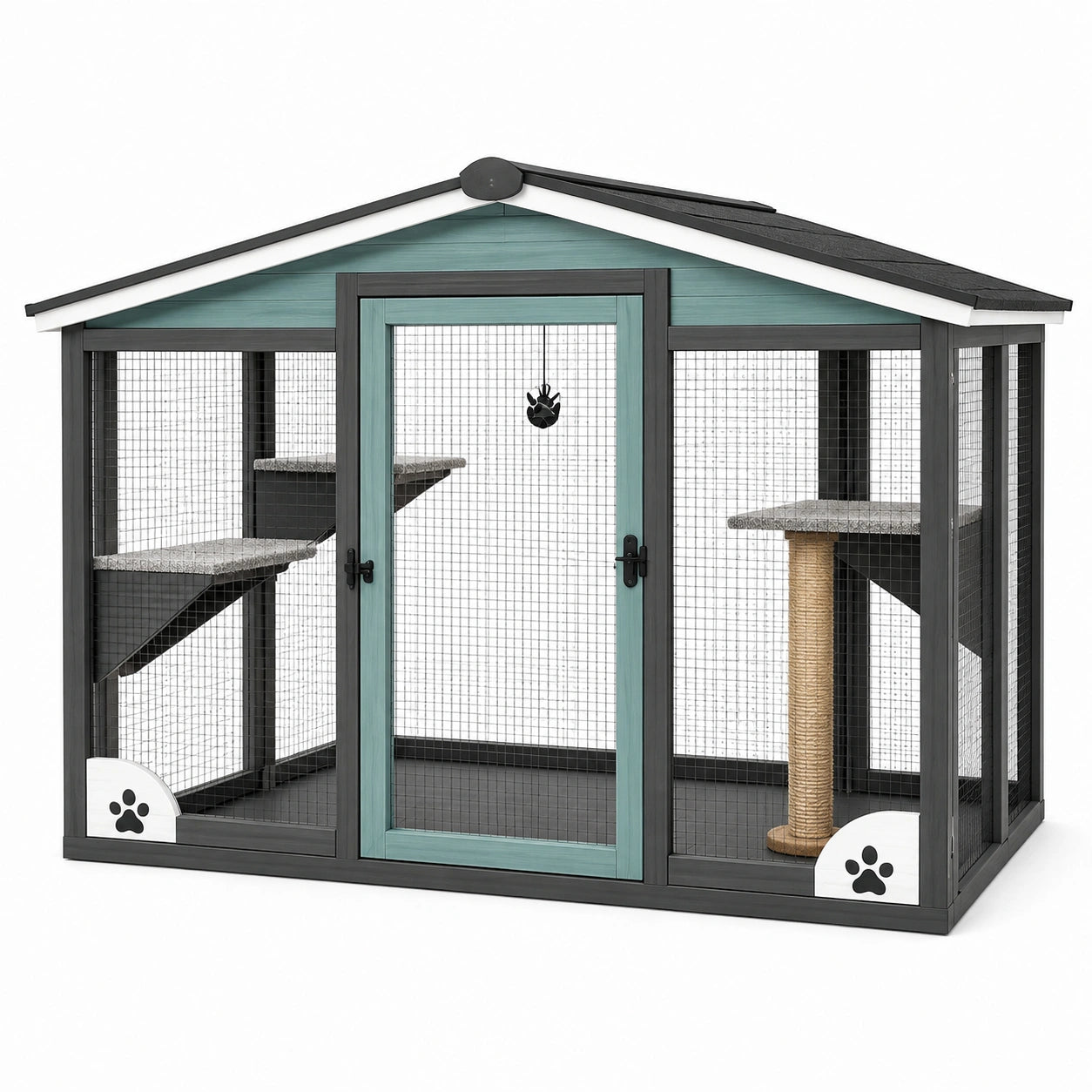 Enclos extérieur pour chat 180 x 90 x 180 cm en bois vert noir avec toit et plateformes