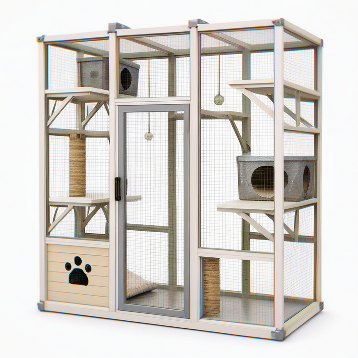 Enclos pour chat 120 x 60 x 180 cm en bois beige avec grillage et plateformes de jeu