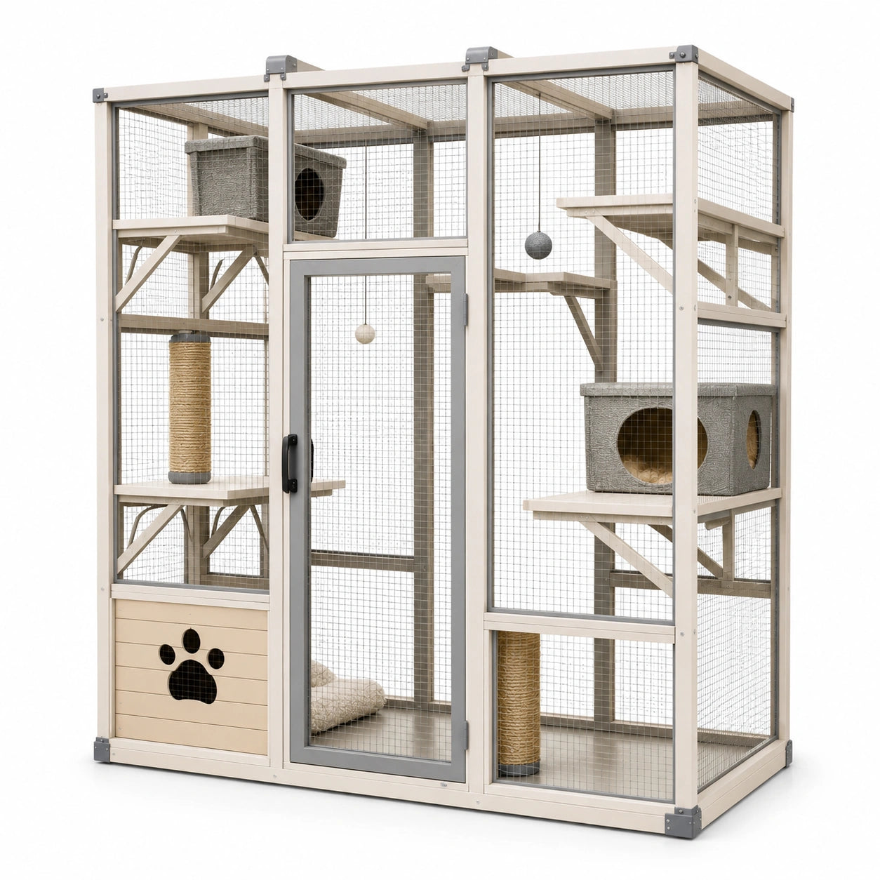 Enclos pour chat 120 x 60 x 180 cm en bois beige avec grillage et plateformes de jeu