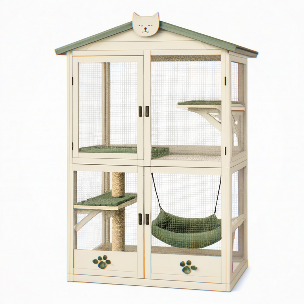 Enclos pour chat 120 x 60 x 160 cm en bois beige et vert à niveaux avec grillage