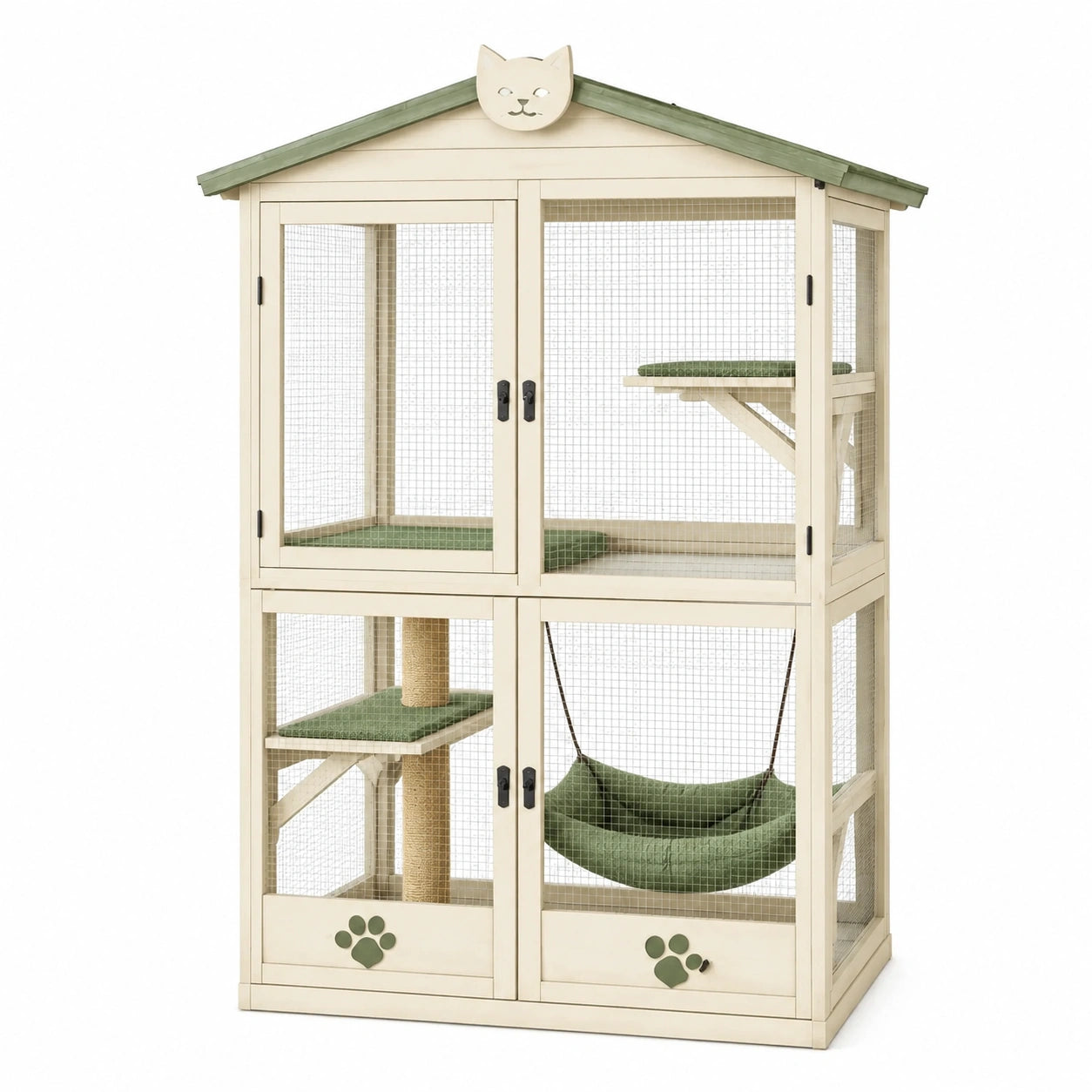 Enclos pour chat 120 x 60 x 160 cm en bois beige et vert à niveaux avec grillage