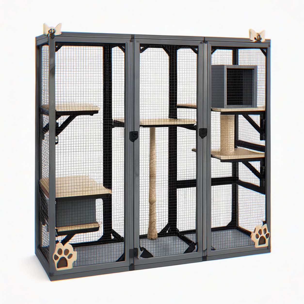 Cage pour chat 180 x 90 x 180 cm en bois et métal noir avec plateformes et griffoir