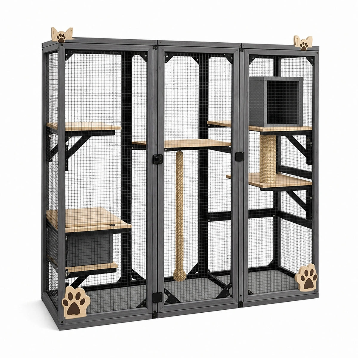 Cage pour chat 180 x 90 x 180 cm en bois et métal noir avec plateformes et griffoir