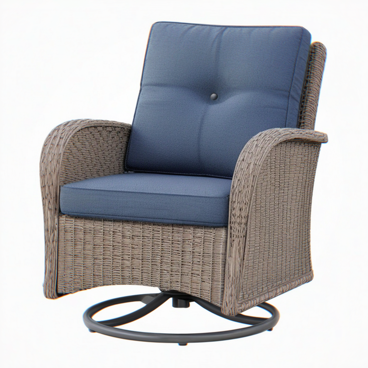 Fauteuil de jardin 78 x 82 x 98 cm en résine tressée beige avec assise bleue pivotante