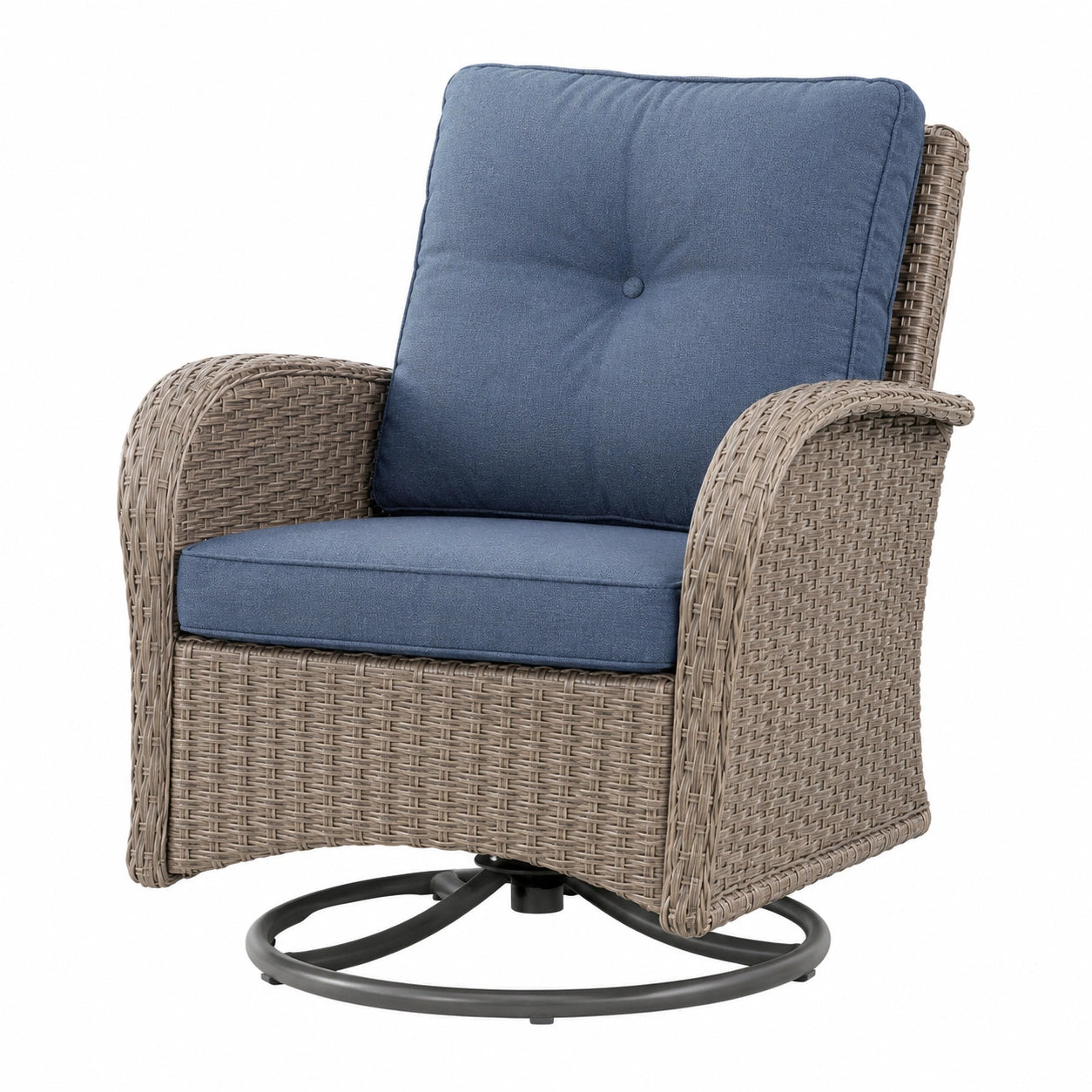 Fauteuil de jardin 78 x 82 x 98 cm en résine tressée beige avec assise bleue pivotante