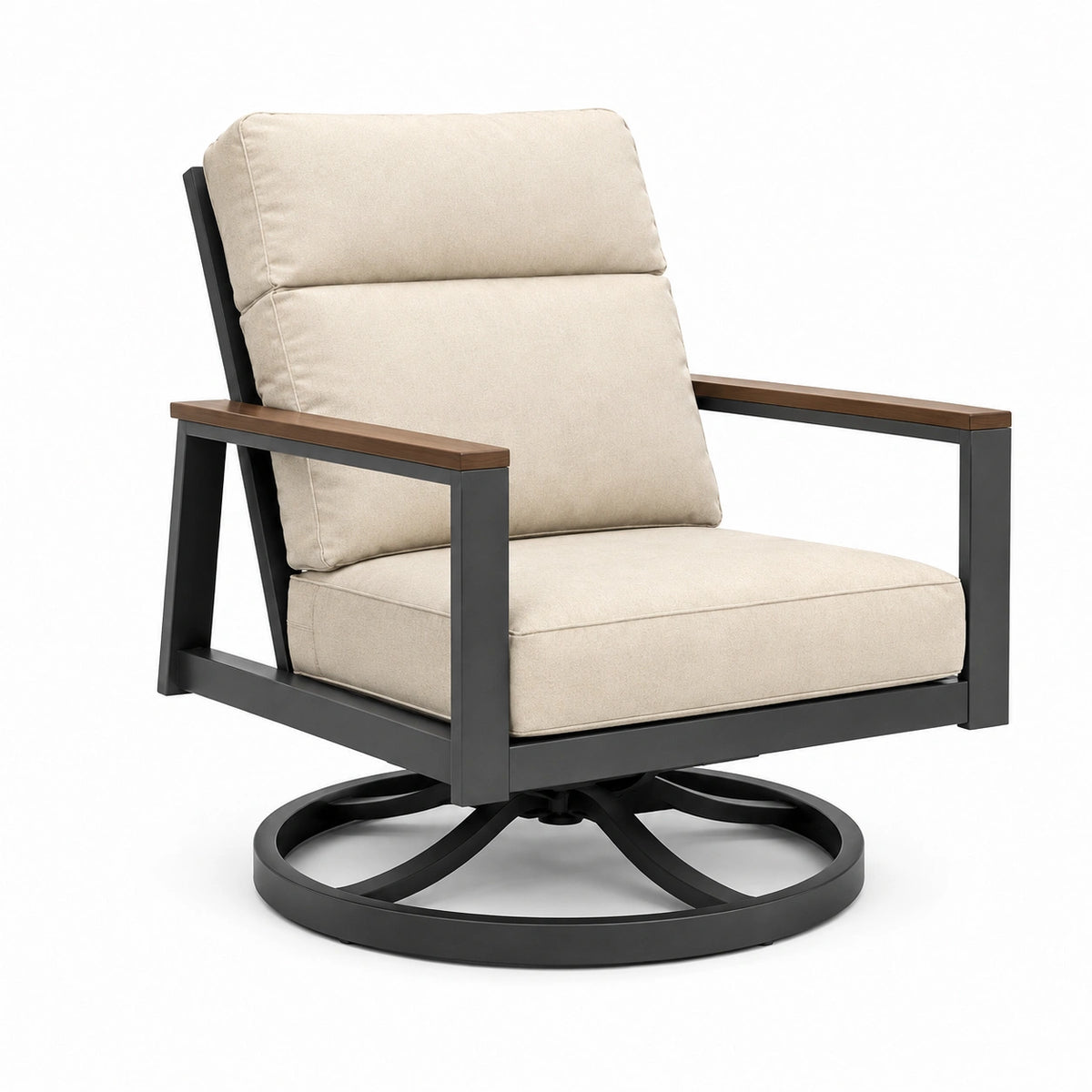 Fauteuil de jardin pivotant 75 x 85 x 90 cm en métal bois et tissu beige style contemporain
