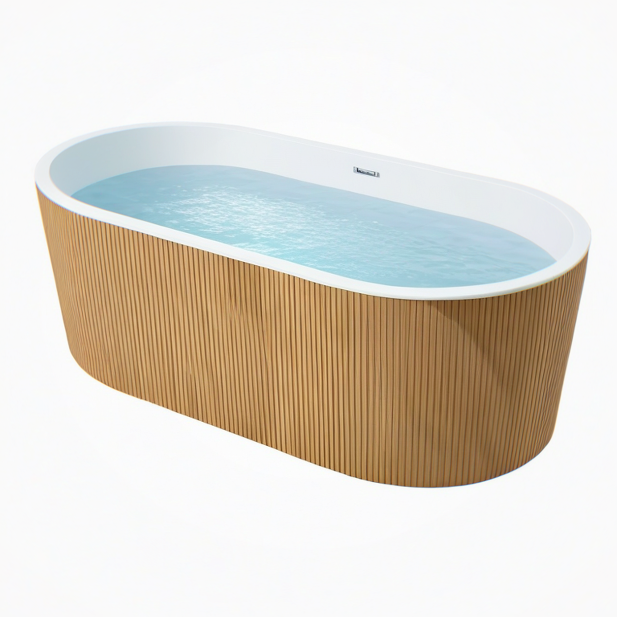 Baignoire îlot ovale 170 cm acrylique blanc habillage effet bois style contemporain