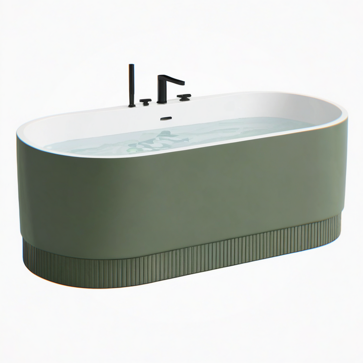 Baignoire îlot 170 x 80 cm en acrylique vert olive avec robinetterie noire style contemporain