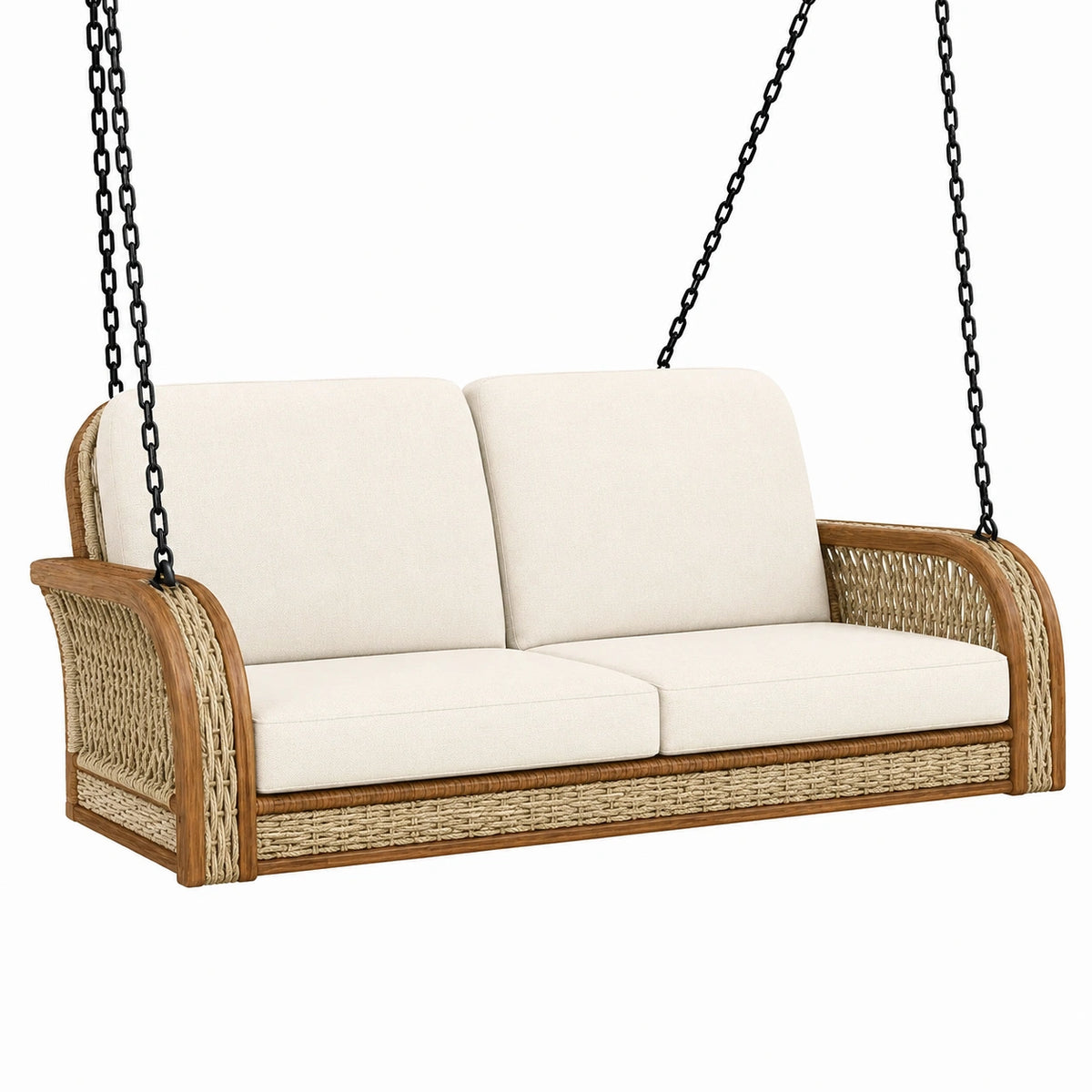 Balancelle suspendue 2 places 150 x 80 x 65 cm en bois naturel avec corde tressée style bohème
