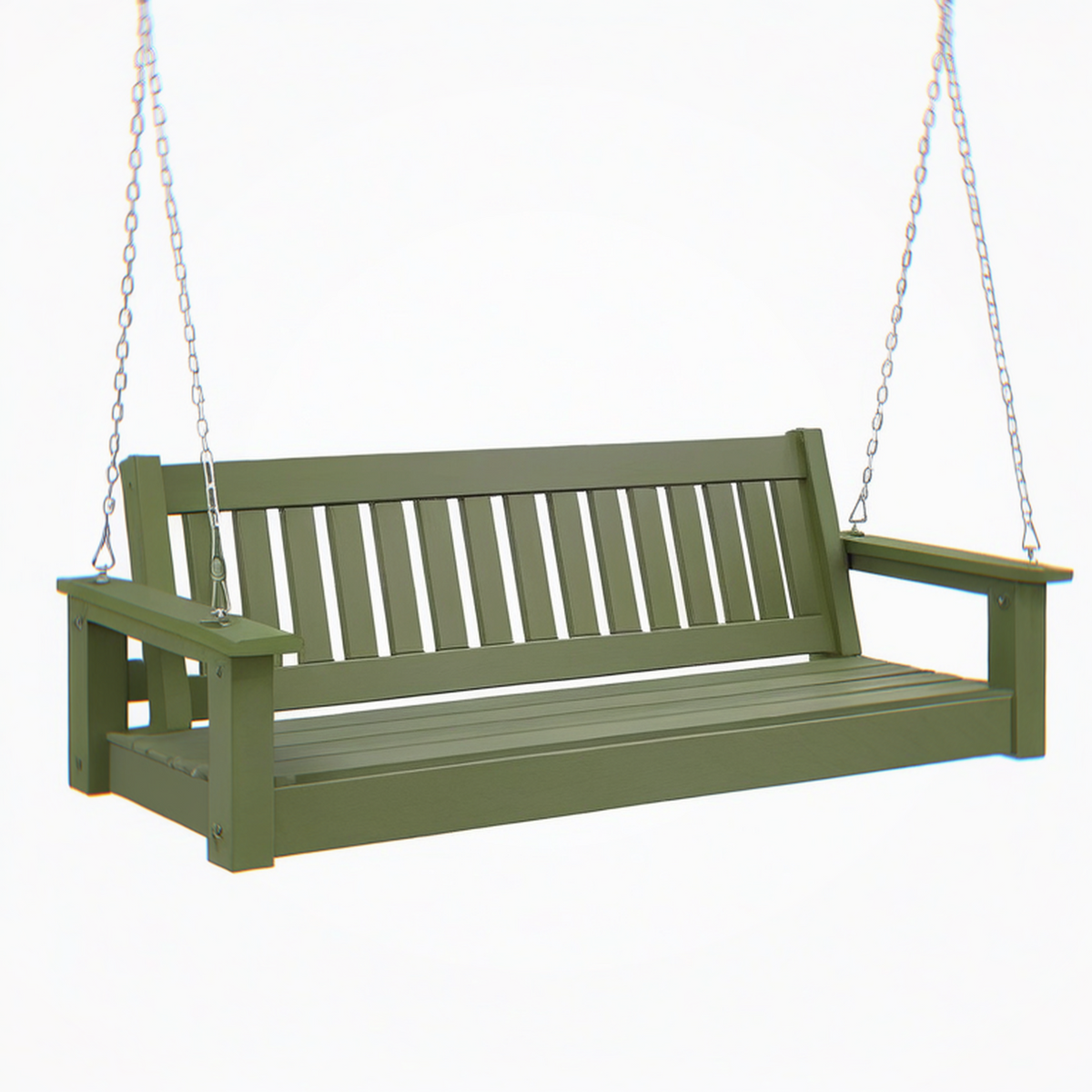 Balancelle de jardin 127 x 65 x 58 cm en bois vert olive avec chaînes - Banc suspendu à dossier