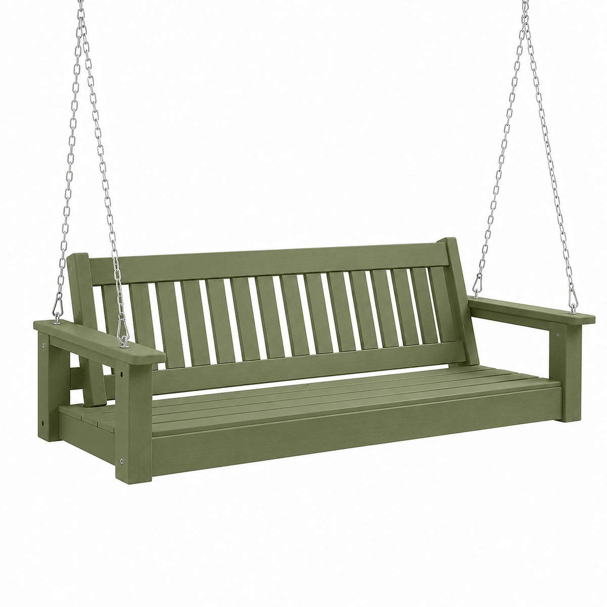Balancelle de jardin 127 x 65 x 58 cm en bois vert olive avec chaînes - Banc suspendu à dossier