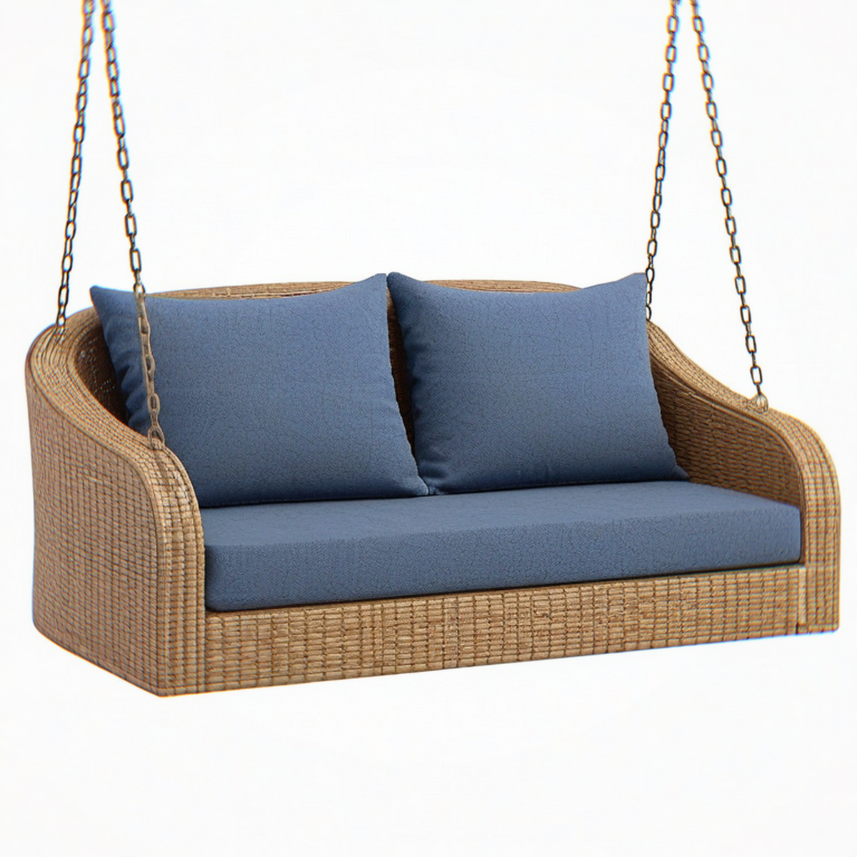 Balancelle 2 places 140 x 75 x 95 cm en rotin tressé beige avec assise bleue - suspendue style naturel
