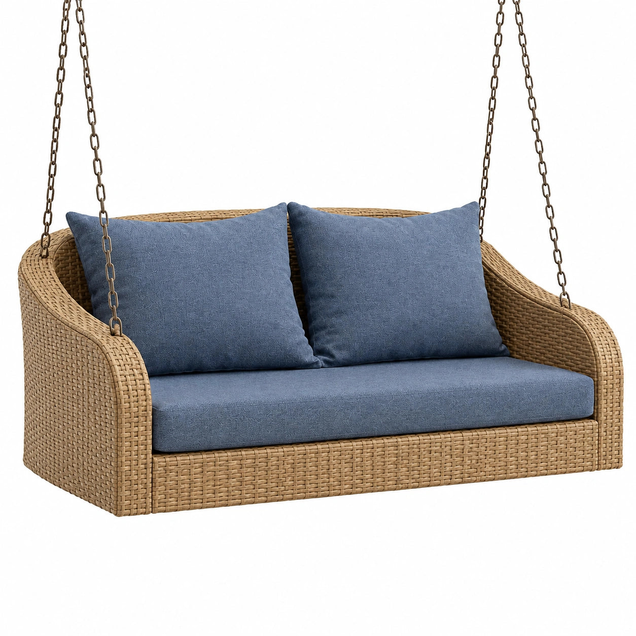 Balancelle 2 places 140 x 75 x 95 cm en rotin tressé beige avec assise bleue - suspendue style naturel
