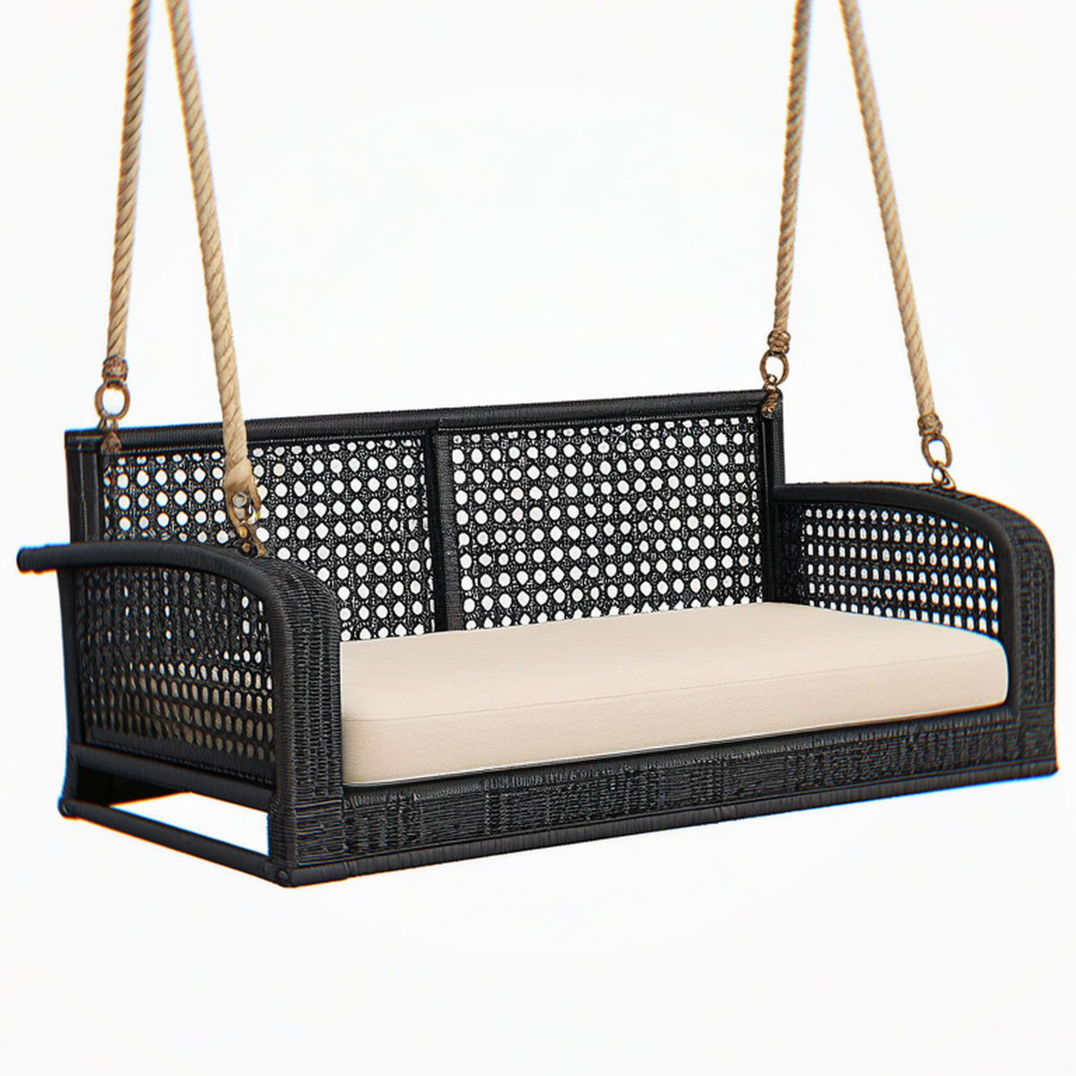Balancelle suspendue 140 cm en résine tressée noire avec assise beige style bohème