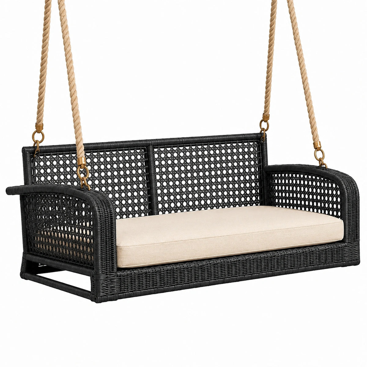 Balancelle suspendue 140 cm en résine tressée noire avec assise beige style bohème