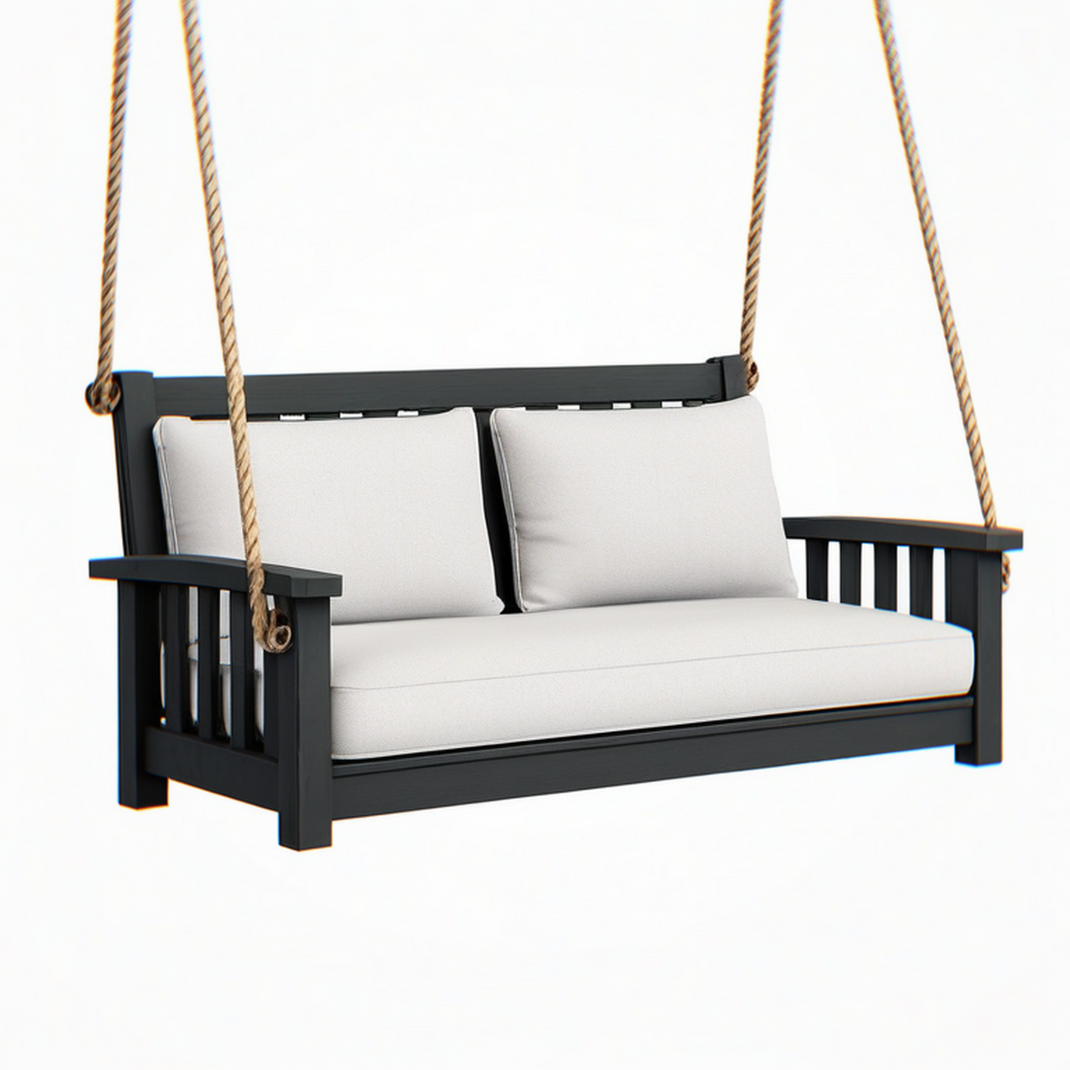 Balancelle suspendue 2 places 130 x 75 x 70 cm en bois noir et corde beige style jardin