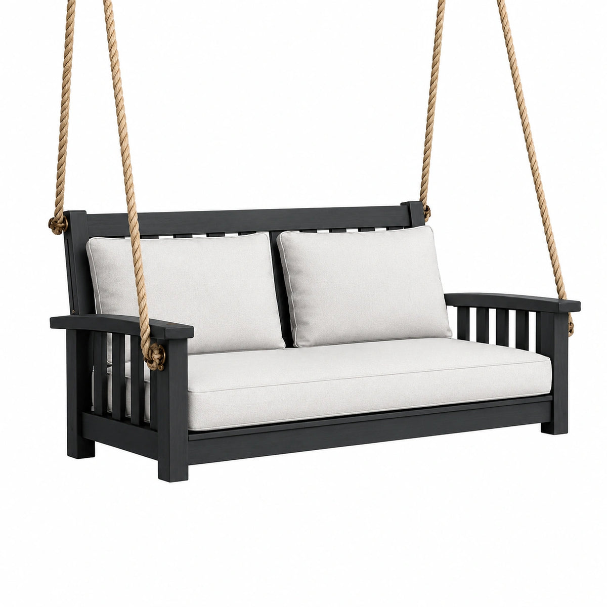 Balancelle suspendue 2 places 130 x 75 x 70 cm en bois noir et corde beige style jardin