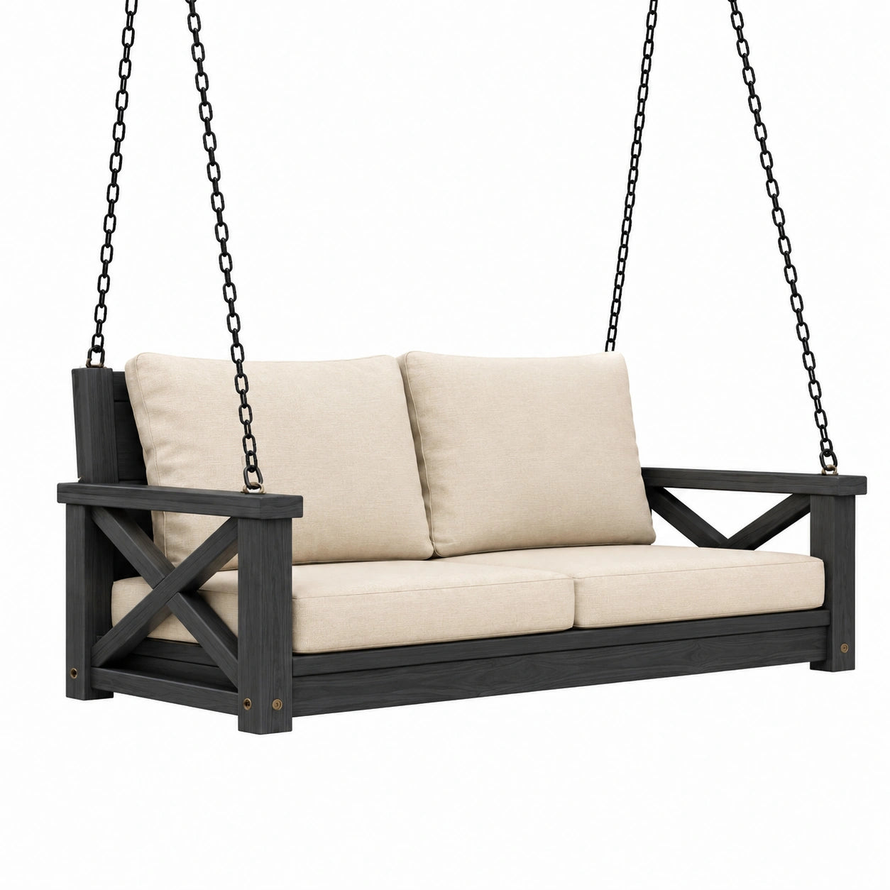 Balancelle suspendue 2 places 150 cm en bois noir et tissu beige style rustique